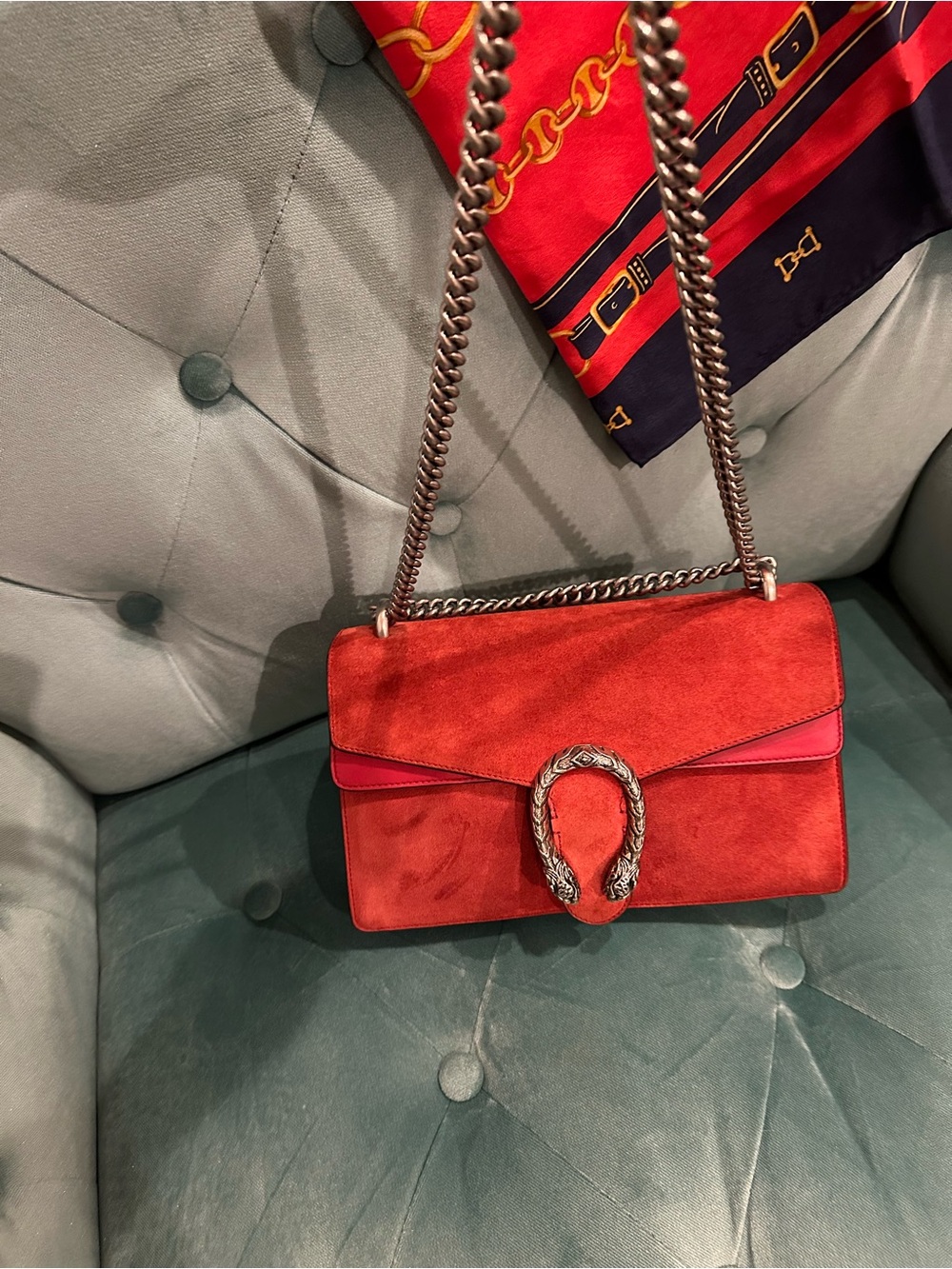 Gucci Red Suede Shoulder Bag with Silver Hardware